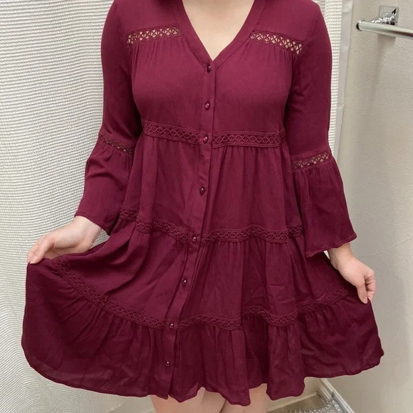 NWT Women’s Knox Rose Bohemian wine red flowy long-sleeved dress. Size small. - Picture 5 of 16